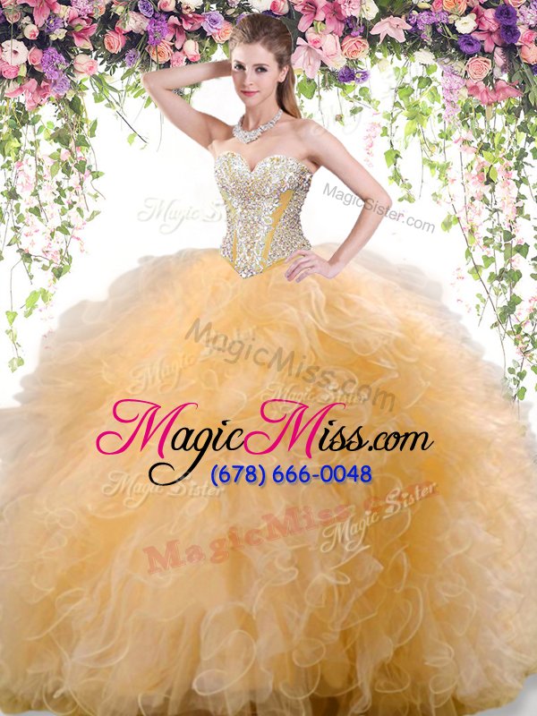 wholesale designer floor length gold ball gown prom dress sweetheart sleeveless lace up