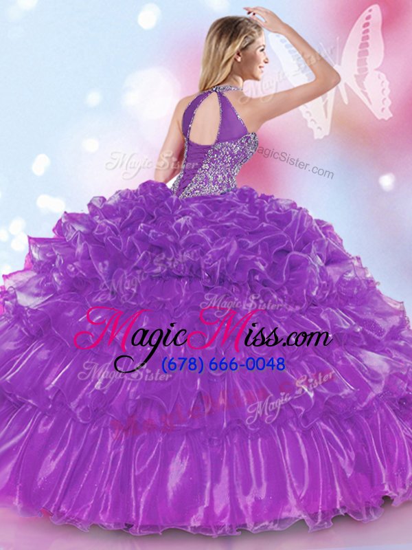 wholesale luxury halter top floor length lace up 15th birthday dress purple and in for military ball and sweet 16 and quinceanera with appliques and ruffled layers