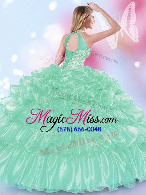wholesale exceptional halter top apple green lace up quinceanera dresses appliques and ruffles sleeveless floor length
