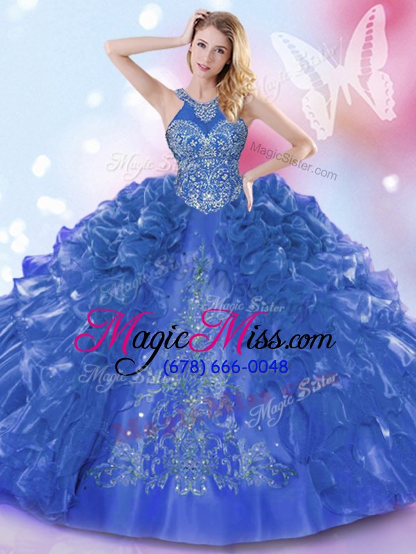 wholesale elegant halter top royal blue lace up quinceanera gown appliques and ruffled layers sleeveless floor length