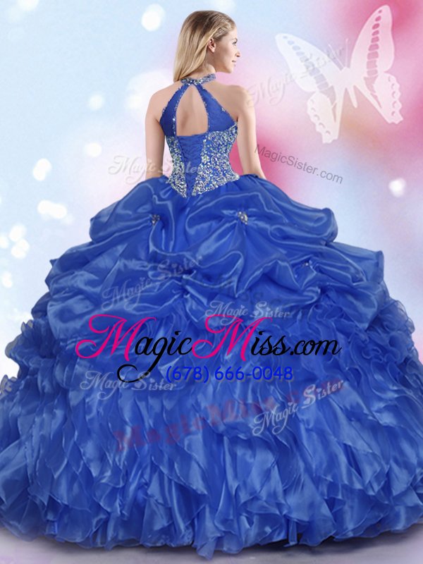 wholesale pretty halter top appliques and ruffles and pick ups quince ball gowns royal blue lace up sleeveless floor length