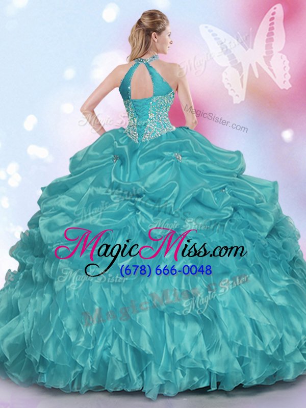 wholesale elegant halter top sleeveless quinceanera dresses floor length appliques and ruffles and pick ups teal and turquoise organza and taffeta