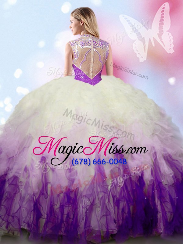 wholesale sleeveless floor length beading and ruffles zipper sweet 16 dresses with white and purple