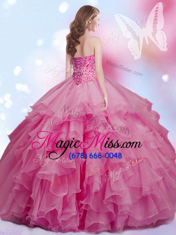 wholesale discount rose pink sleeveless floor length beading lace up quinceanera dresses