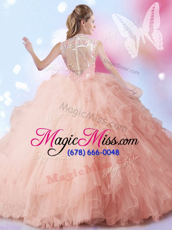 wholesale stunning floor length peach quinceanera dress tulle sleeveless beading and ruffles and sequins