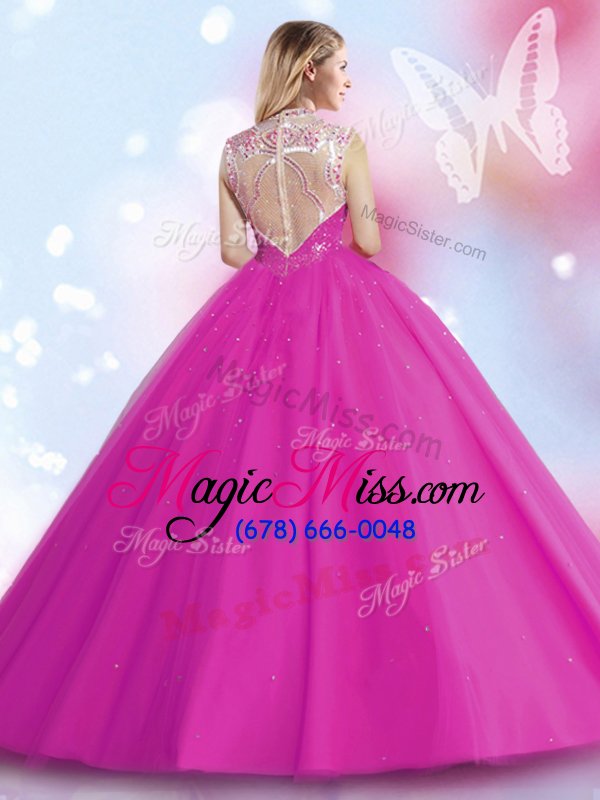 wholesale attractive scoop fuchsia zipper 15th birthday dress beading and sequins sleeveless floor length