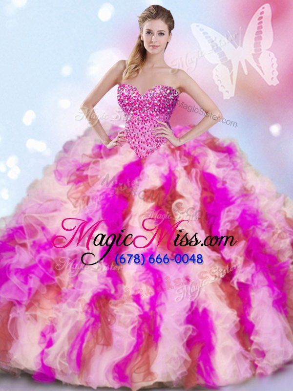 wholesale high quality multi-color lace up sweetheart beading and ruffles sweet 16 quinceanera dress organza sleeveless