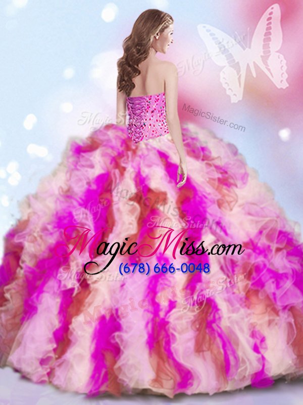 wholesale high quality multi-color lace up sweetheart beading and ruffles sweet 16 quinceanera dress organza sleeveless