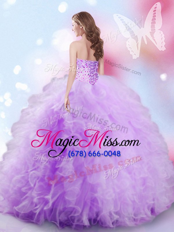 wholesale attractive lavender tulle lace up quinceanera gown sleeveless floor length beading and ruffles