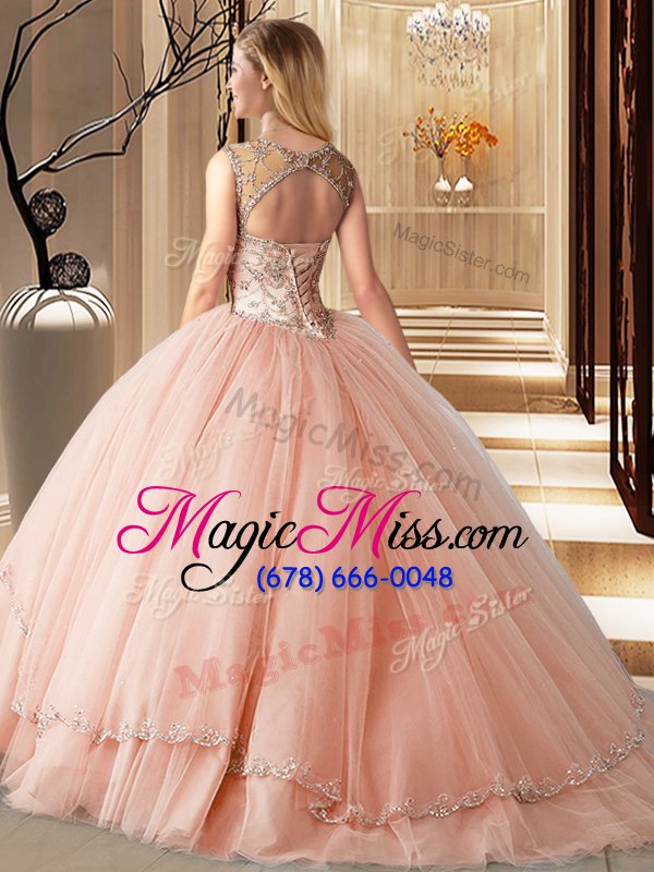 wholesale stunning peach ball gowns scoop sleeveless tulle brush train lace up beading quinceanera gowns