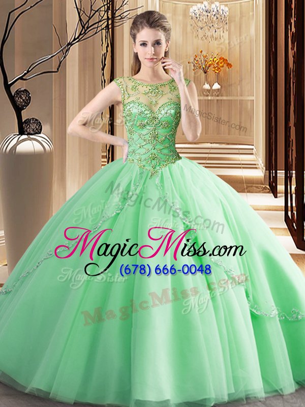 wholesale beauteous tulle scoop sleeveless brush train lace up beading quince ball gowns in