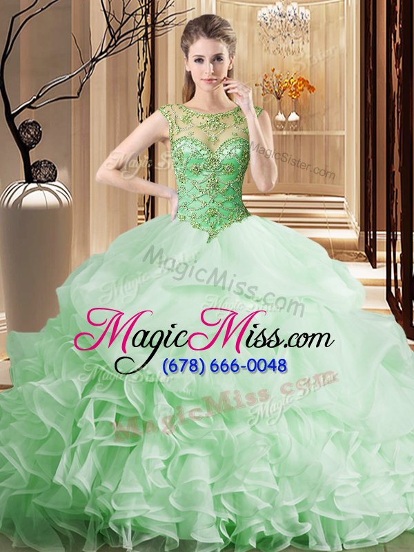 wholesale modest apple green ball gowns organza scoop sleeveless beading and ruffles and pick ups lace up sweet 16 dress brush train