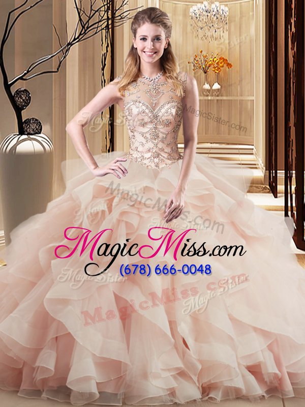 wholesale top selling scoop lace up quinceanera gown peach and in for military ball and sweet 16 and quinceanera with beading and ruffles brush train
