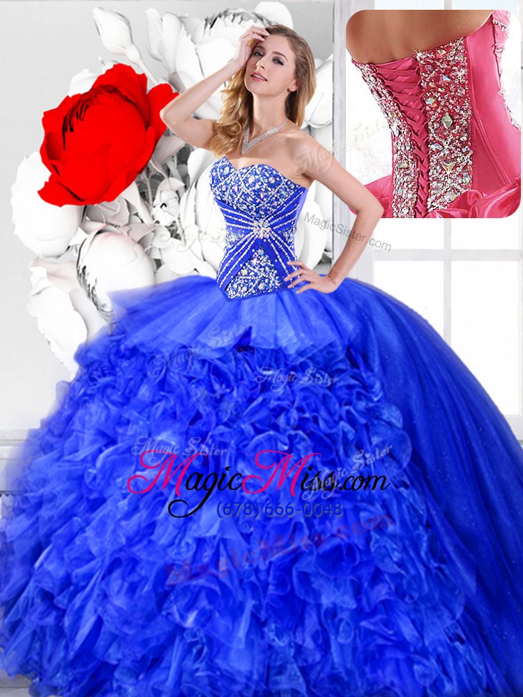 wholesale eye-catching three piece floor length ball gowns sleeveless blue sweet 16 dresses lace up
