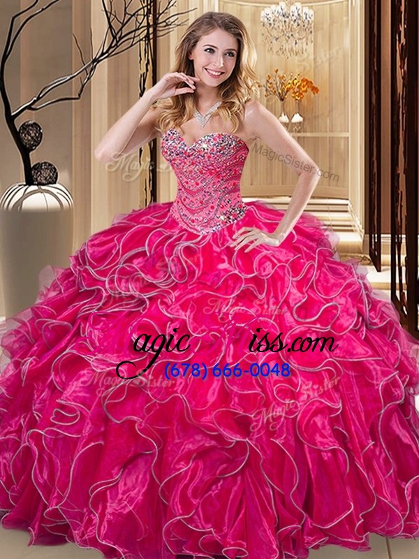 wholesale designer ball gowns quinceanera gown hot pink sweetheart organza sleeveless floor length lace up