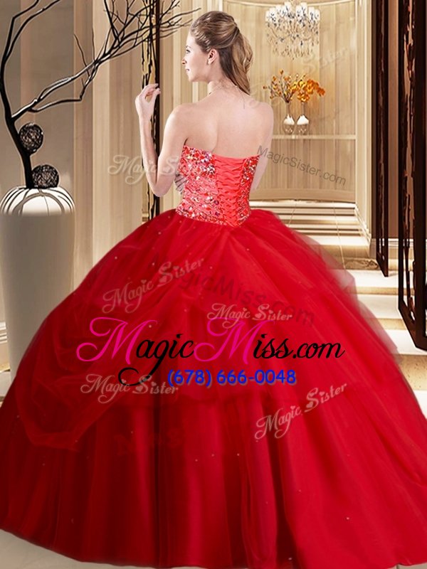 wholesale floor length red 15th birthday dress tulle sleeveless beading