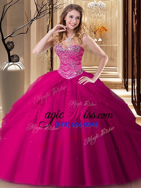 wholesale smart fuchsia tulle lace up quinceanera dress sleeveless floor length beading