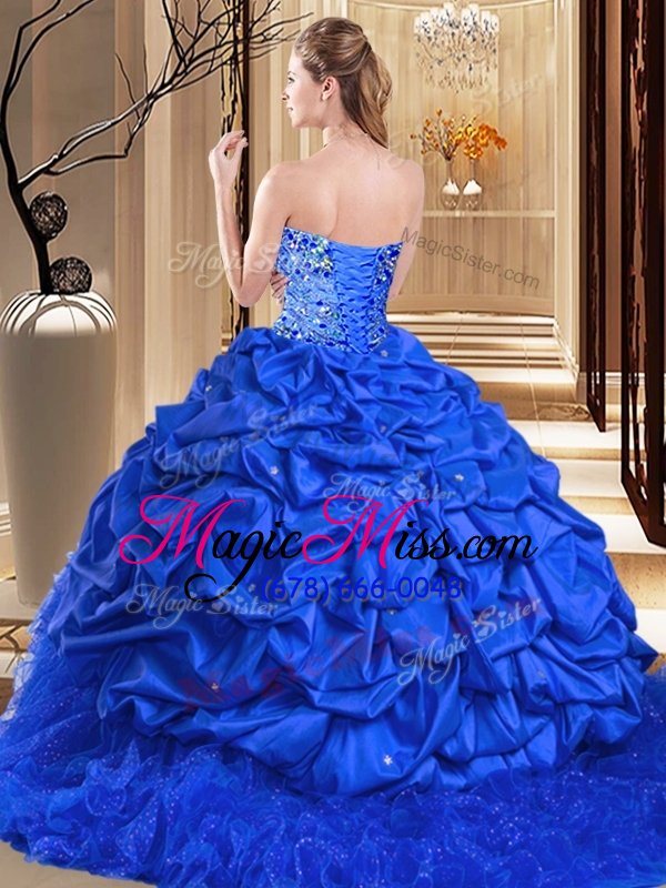 wholesale shining royal blue ball gowns sweetheart sleeveless taffeta and tulle brush train lace up beading and ruffles quinceanera dress