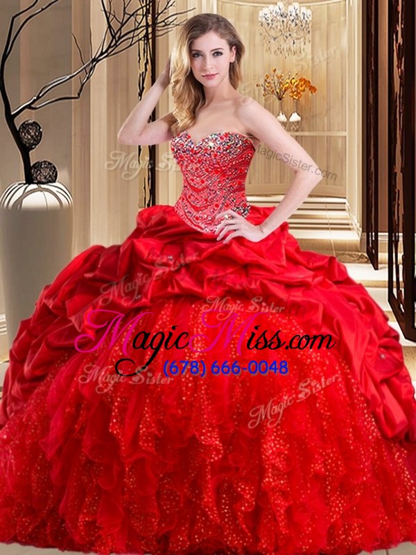 wholesale latest red ball gowns beading and ruffles quince ball gowns lace up taffeta and tulle sleeveless