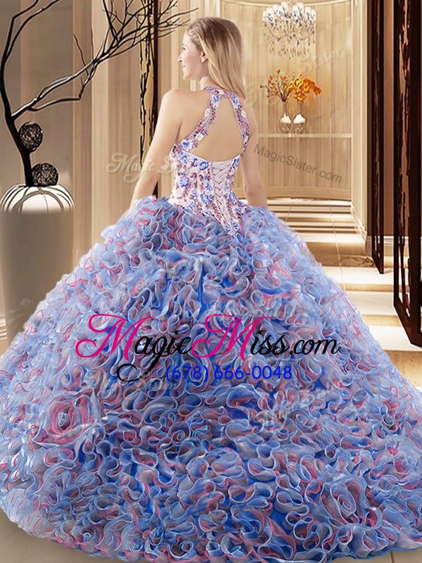wholesale high-neck sleeveless fabric with rolling flowers quinceanera dresses ruffles and pattern brush train criss cross