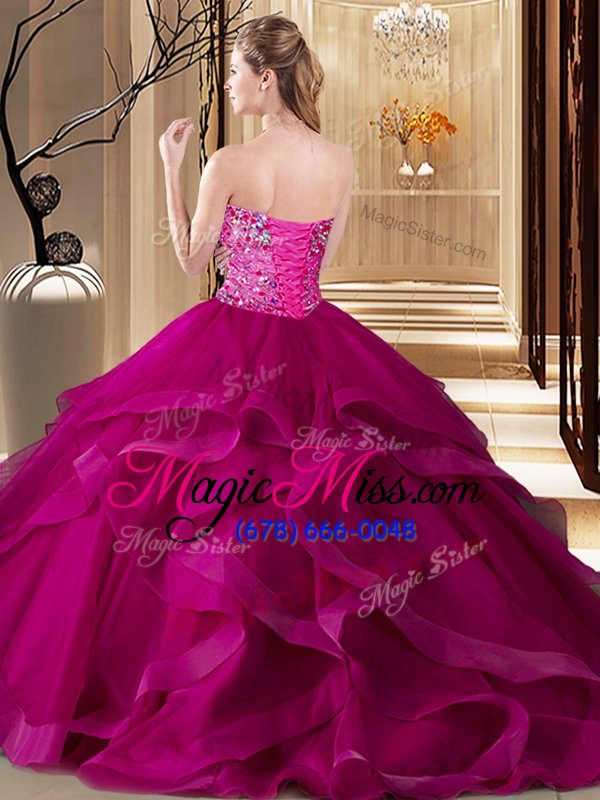 wholesale sweet ball gowns 15th birthday dress fuchsia sweetheart tulle sleeveless floor length lace up
