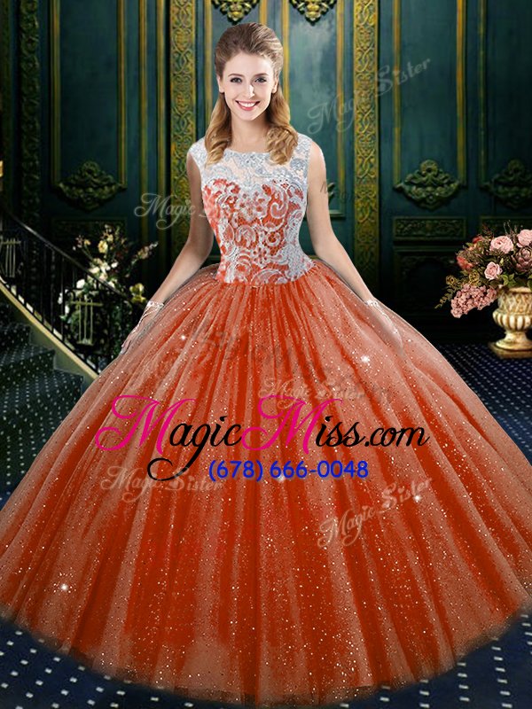 wholesale sumptuous sleeveless floor length lace zipper quinceanera gown with orange