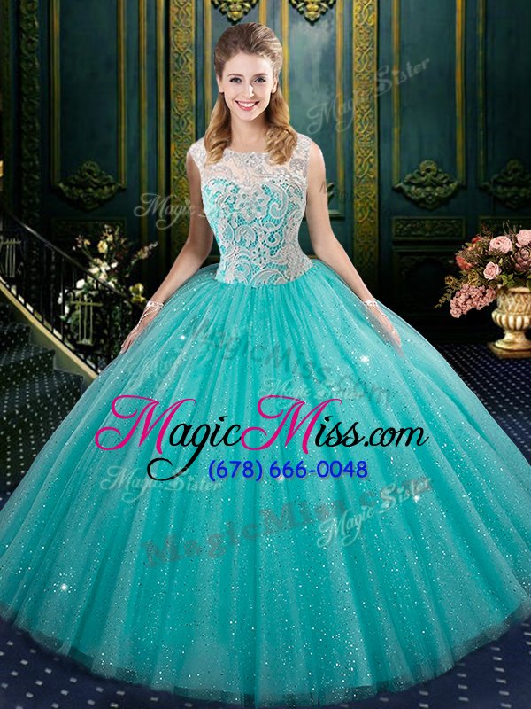 wholesale colorful high-neck sleeveless ball gown prom dress floor length lace aqua blue tulle