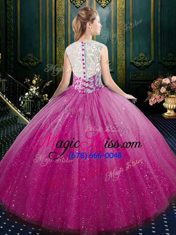 wholesale customized high-neck sleeveless quinceanera gowns floor length lace fuchsia tulle