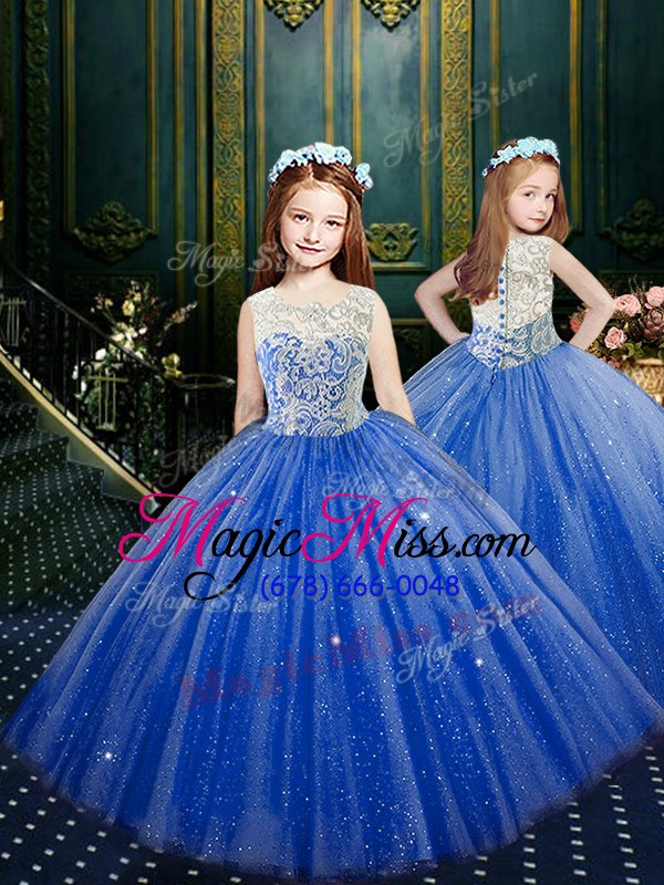 wholesale stylish royal blue tulle zipper high-neck sleeveless floor length sweet 16 dress lace