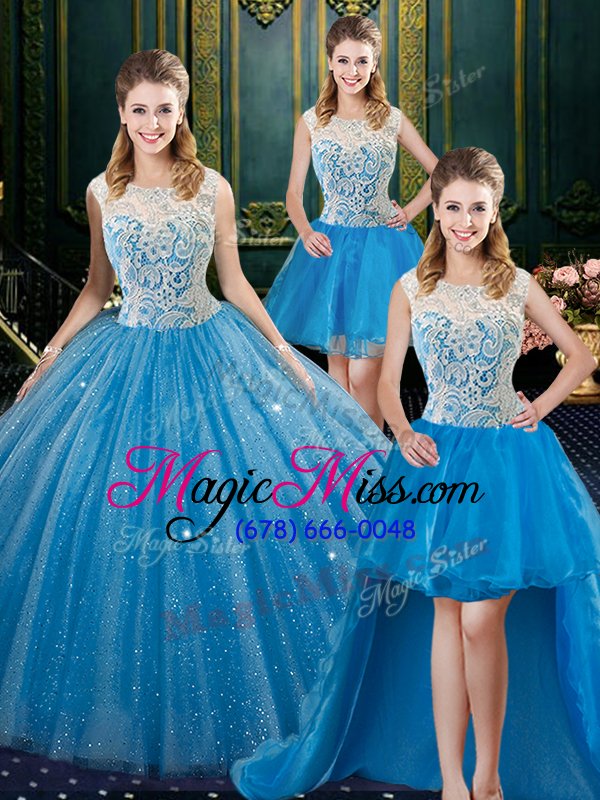 wholesale stunning four piece lace vestidos de quinceanera baby blue zipper sleeveless floor length brush train