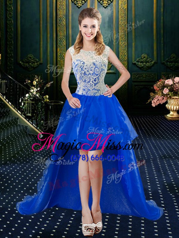 wholesale elegant four piece sleeveless tulle floor length brush train zipper quinceanera dress in royal blue for with lace