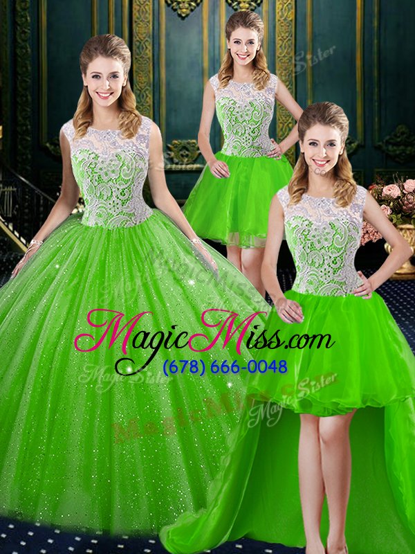 wholesale four piece tulle sleeveless floor length quinceanera gowns brush train and lace