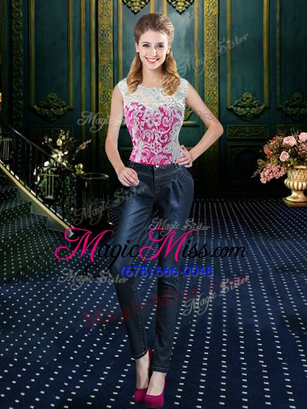 wholesale custom designed four piece high-neck sleeveless 15 quinceanera dress floor length lace fuchsia tulle