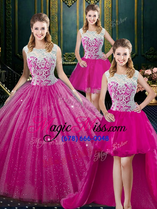 wholesale custom designed four piece high-neck sleeveless 15 quinceanera dress floor length lace fuchsia tulle