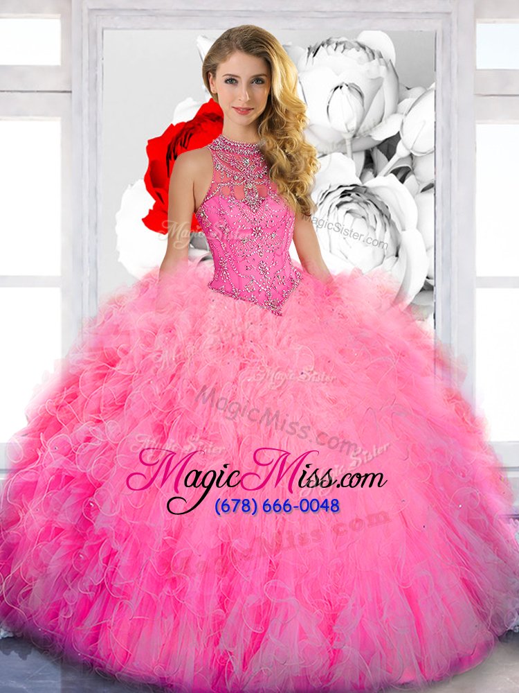 wholesale cheap floor length baby pink quince ball gowns tulle sleeveless beading