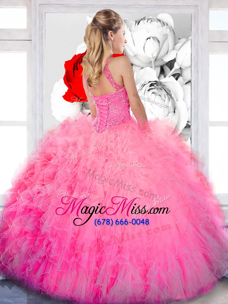 wholesale cheap floor length baby pink quince ball gowns tulle sleeveless beading