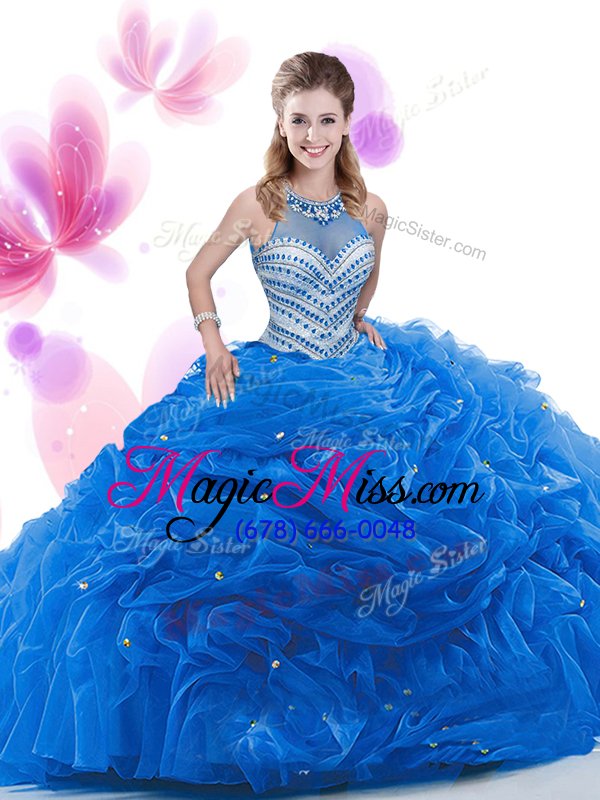 wholesale super court train ball gowns 15 quinceanera dress royal blue organza sleeveless zipper