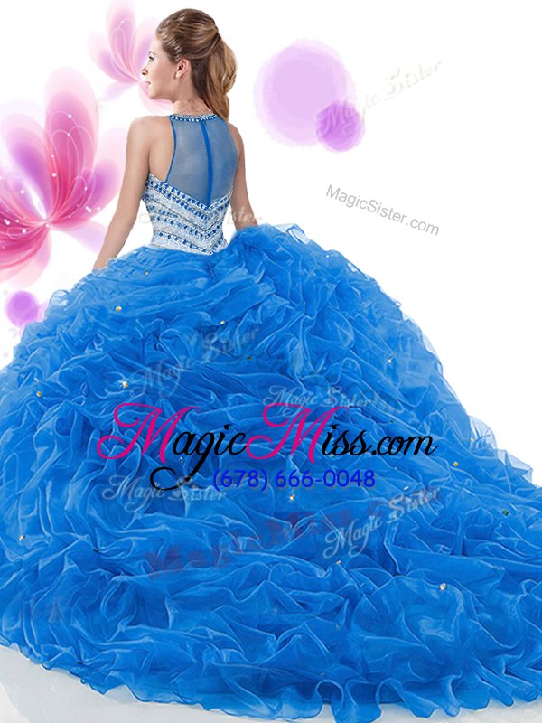 wholesale super court train ball gowns 15 quinceanera dress royal blue organza sleeveless zipper