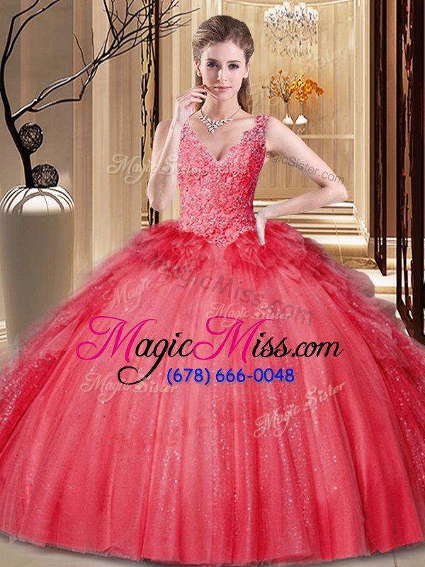 wholesale sexy sleeveless tulle and sequined floor length backless ball gown prom dress in red for with appliques and sequins and pick ups