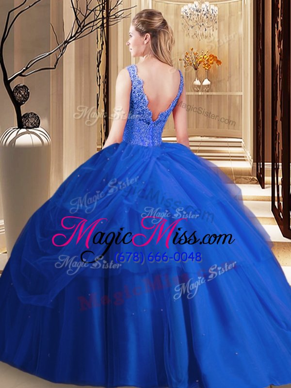 wholesale discount lace and pick ups quinceanera dresses blue backless sleeveless floor length