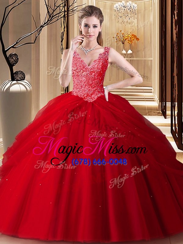 wholesale fantastic pick ups floor length red vestidos de quinceanera v-neck sleeveless backless