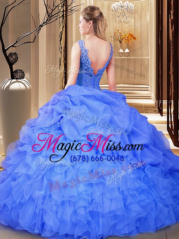 wholesale organza v-neck sleeveless backless lace and appliques and ruffles and pick ups sweet 16 dresses in gold