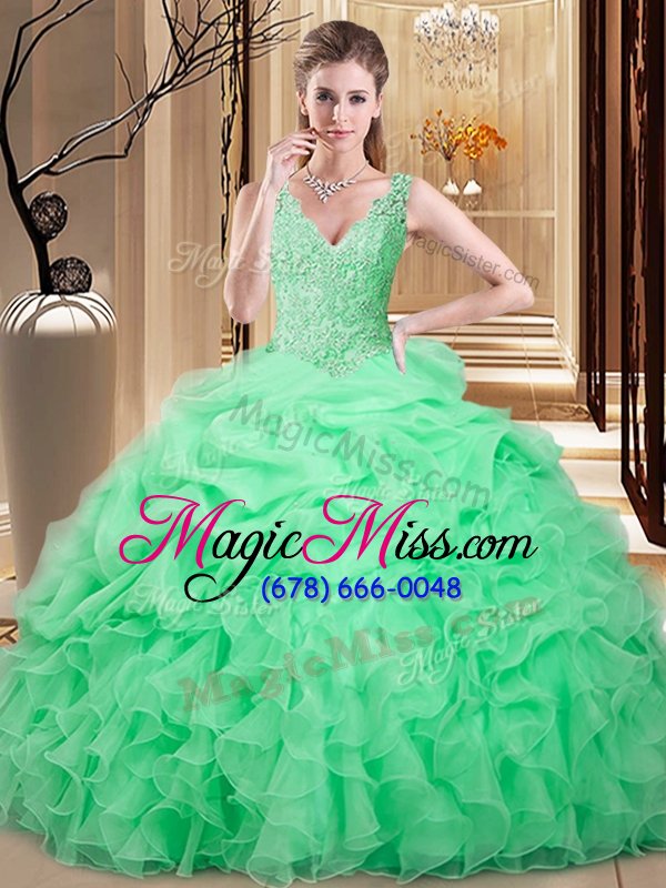 wholesale exquisite floor length backless 15th birthday dress apple green and in for military ball and sweet 16 and quinceanera with lace and appliques and pick ups