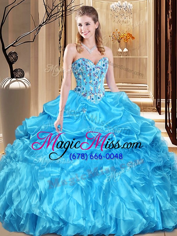 wholesale custom fit sleeveless organza floor length lace up quince ball gowns in aqua blue for with lace and appliques
