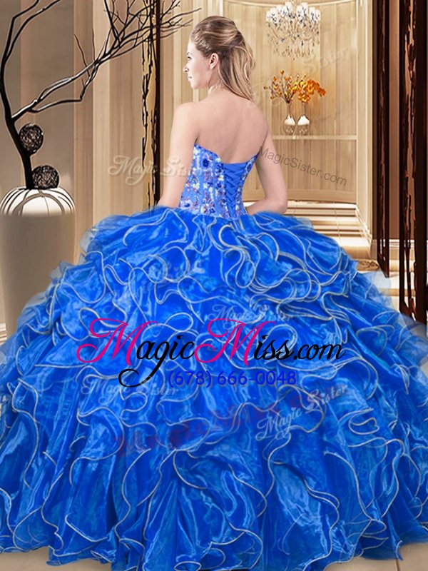 wholesale beauteous sleeveless organza floor length lace up sweet 16 dress in royal blue for with embroidery and ruffles