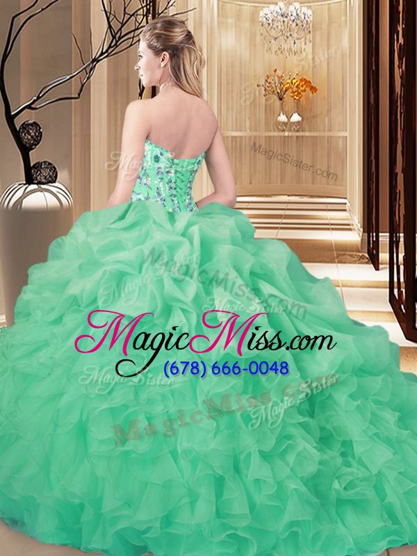 wholesale stylish sleeveless embroidery and ruffles lace up quince ball gowns with apple green brush train