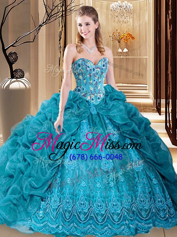 wholesale eye-catching teal organza lace up 15 quinceanera dress sleeveless floor length embroidery and pick ups