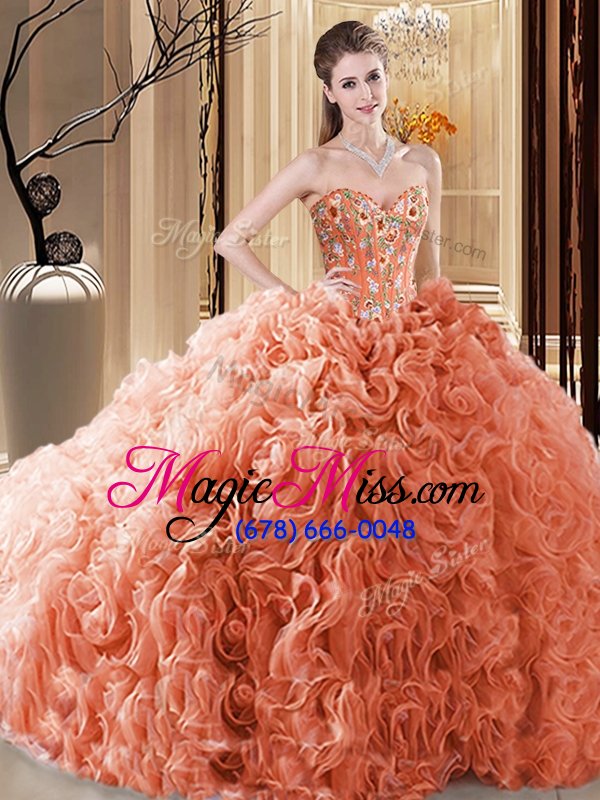 wholesale super fabric with rolling flowers sweetheart sleeveless lace up embroidery and ruffles 15 quinceanera dress in orange
