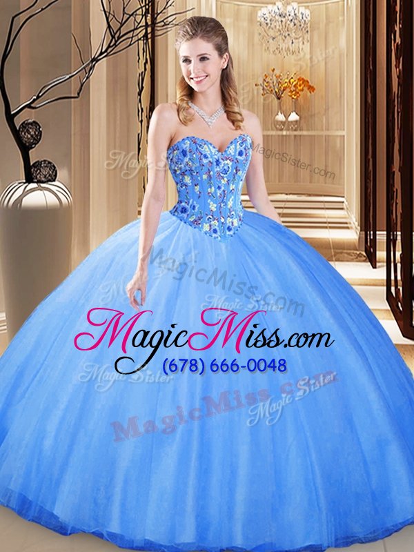 wholesale inexpensive tulle sweetheart sleeveless lace up embroidery 15 quinceanera dress in blue