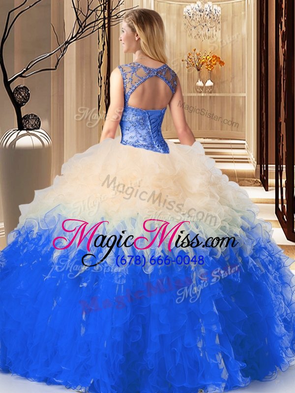 wholesale luxurious high-neck sleeveless backless quinceanera gown aqua blue tulle